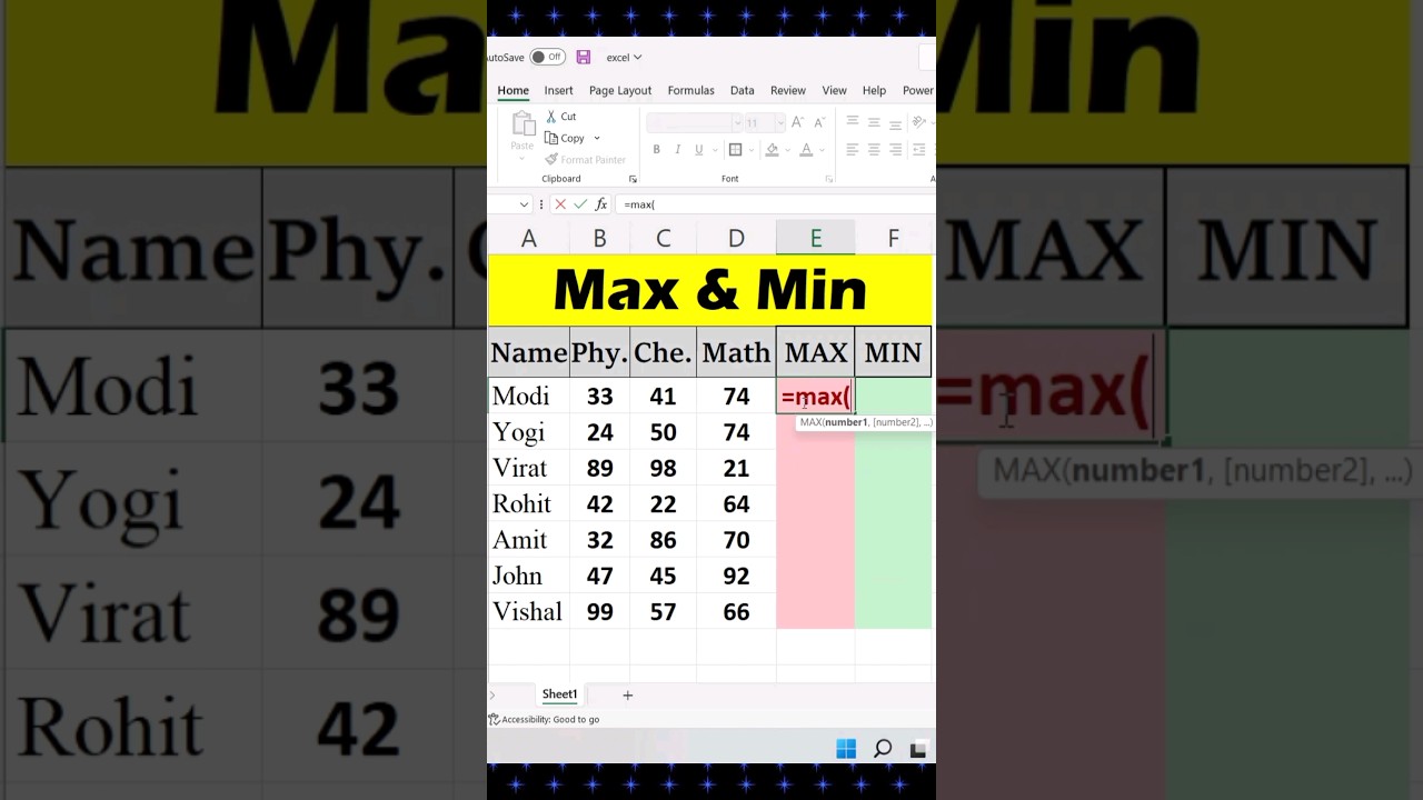 Maximum and Minimum Formula in Excel | Max and Min Formula #shorts #computer #excel