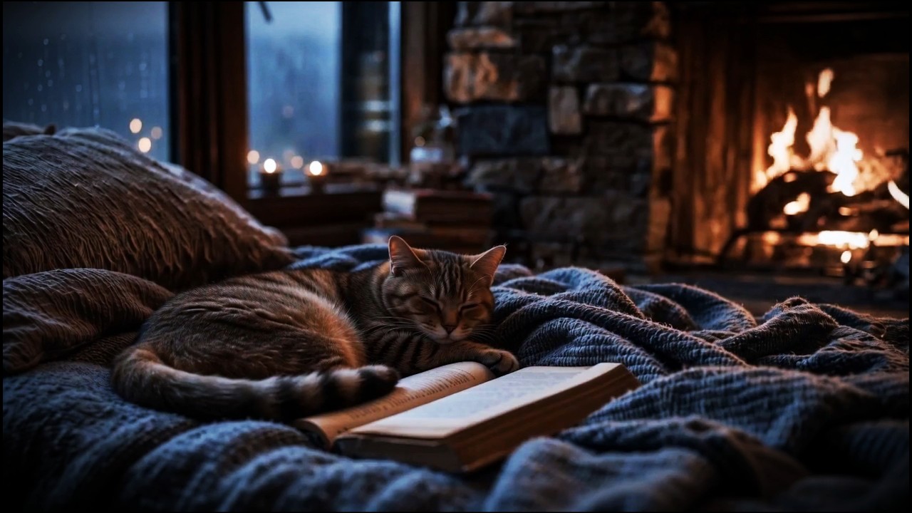 Cozy Rainy Night with a Sleeping Cat 🐱 | Crackling Fireplace Ambience for Deep Sleep & Study (4K)