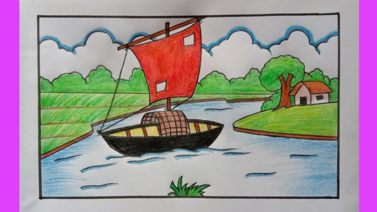 Beautiful village scenery drawing with river।। Easy village scenery drawing।। River scenery drawing