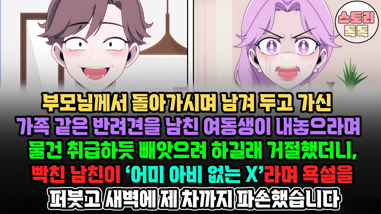 [스토리톡톡] 부모님께서 돌아가시며 남긴 가족 같은 반려견을 남친 여동생이 물건 취급하듯 빼앗으려 하길래 거절했더니 빡친 남친이 ‘어미 아비 없는 X’라며 욕설과 차까지 파손했어요