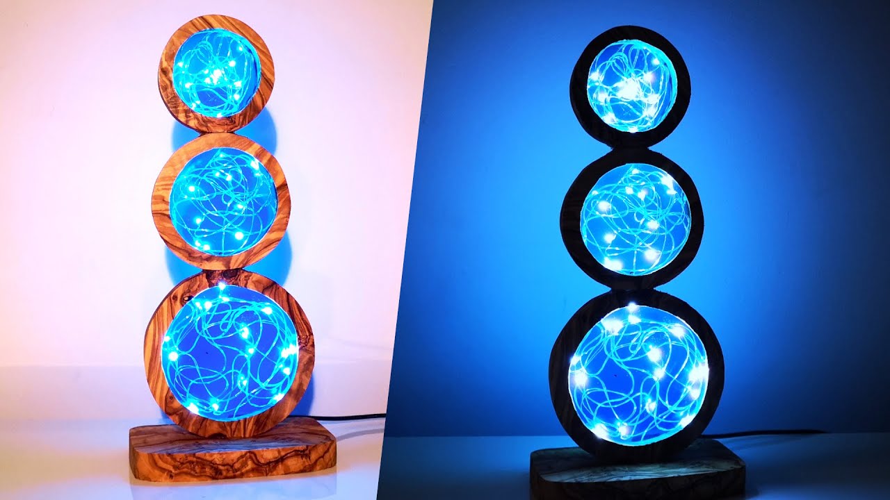 3 Circles Epoxy Resin Night Lamp with Olive Wood and LED lights - Resin Art