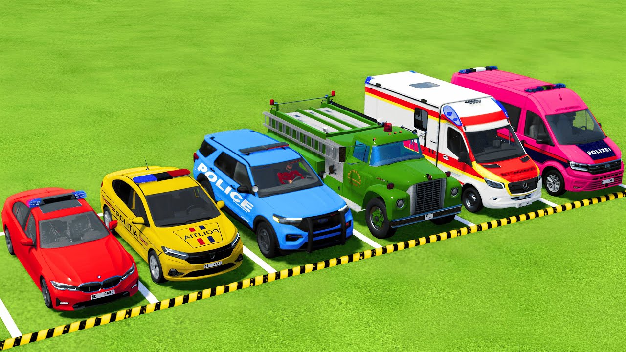 POLICE CARS, FIRE DEPARTMENT and AMBULANCE VEHICLES TRANSPORTING WITH TRUCKS ! Farming Simulator 25