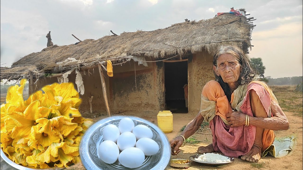 Rural old poor widow Grandma Cooking EGG CURRY with Pumpkin flower ||Village life india