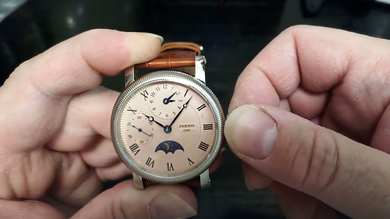 PARNIS PA700 CLASSIC DRESS SUN&MOON SALMON DIAL GUILLOCH&Eacute; DUAL TIME MANUAL MECHANICAL WATCH UNBOXING