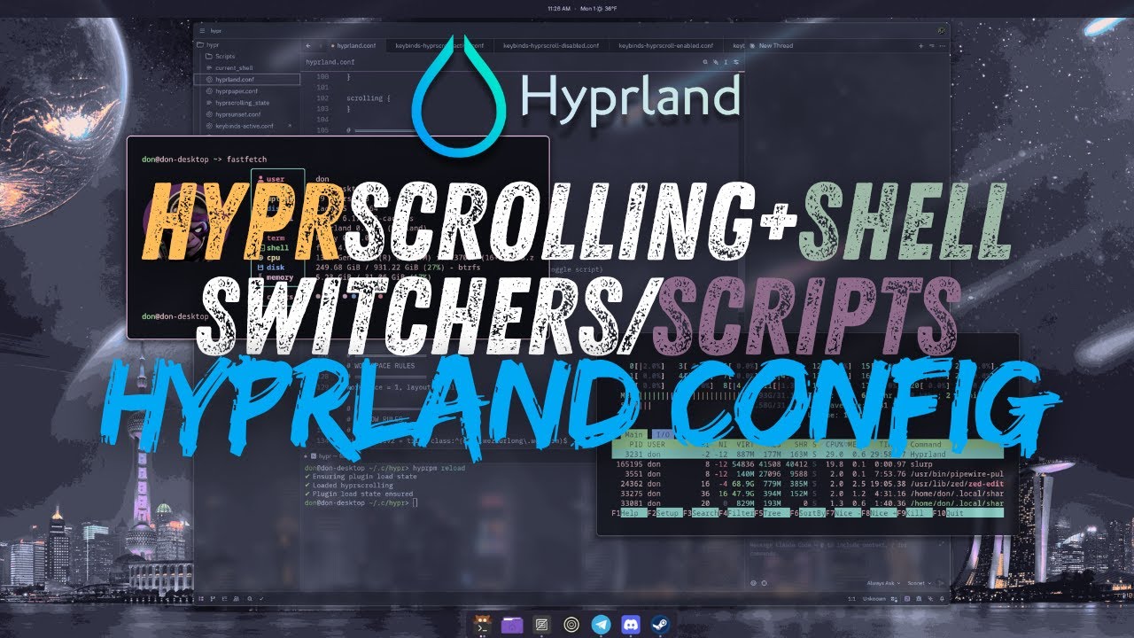 Моя конфигурация Hyprland: переключатель прокрутки Hyprscrolling, переключатель оболочек Shell, т...