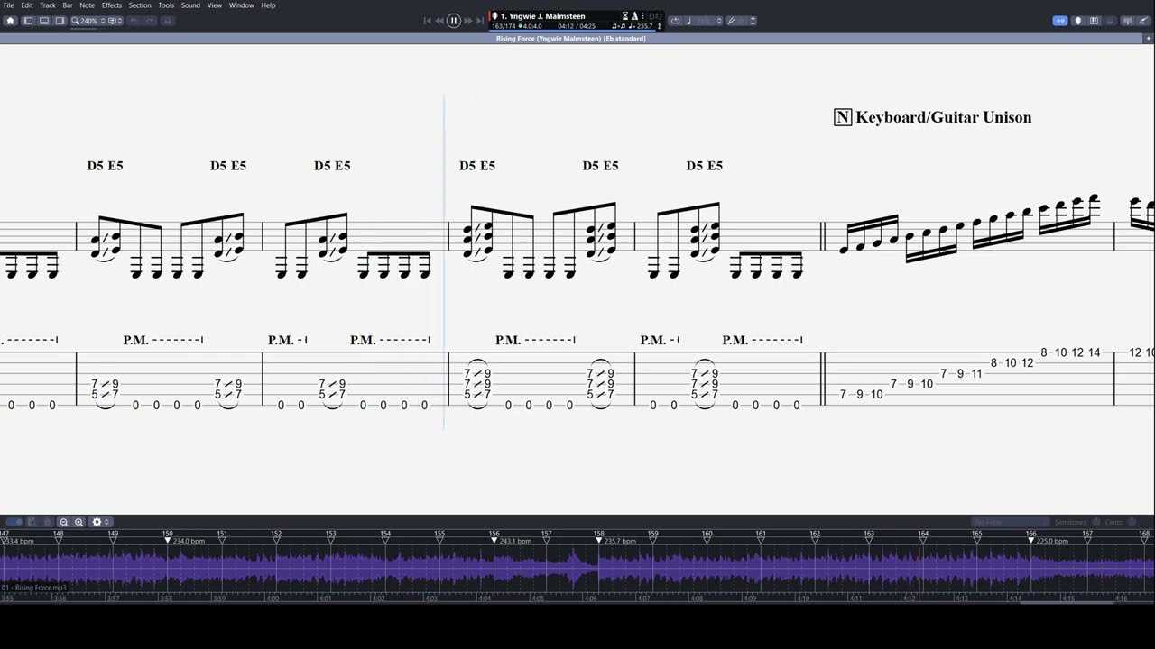 Rising Force (Yngwie J. Malmsteen) sync'd guitar transcription with on-screen notation/tab
