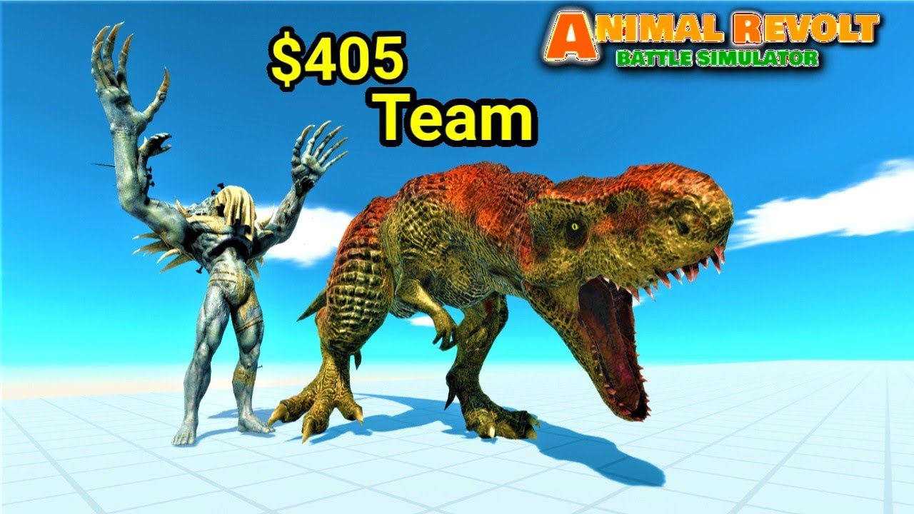 T-rex and scourge vs random team same price ARBS animal revolt battle simulator