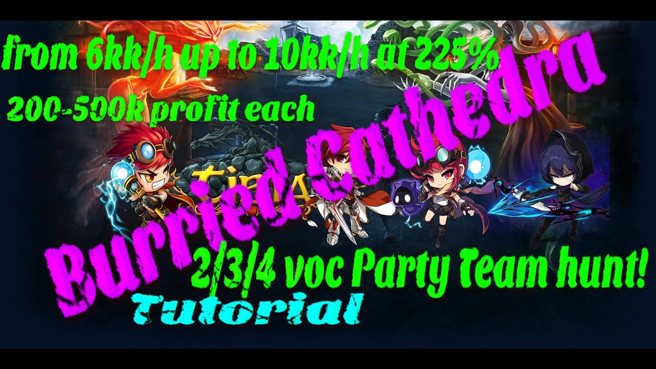 Buried Cathedral Full Party Team hunt Tutorial 10kk/h 225% exp 1kk/h profit [Tibia 2020]