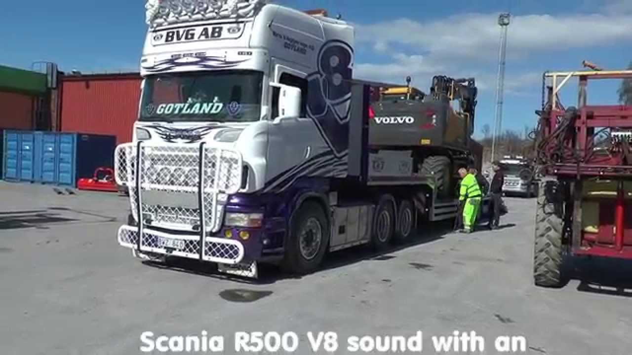 Scania R500 V8 sound with an excavator on the trailer April 2015