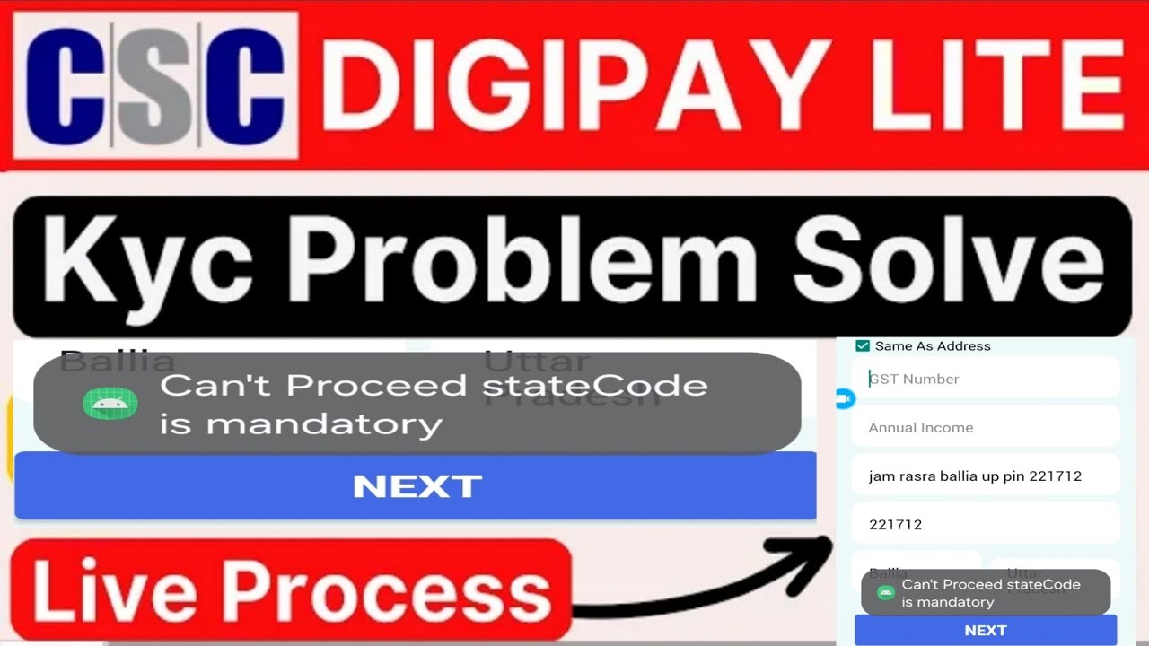 csc Digipay lite kyc problem || can't Proceed stateCode is mandatory problem for csc Digipay lite
