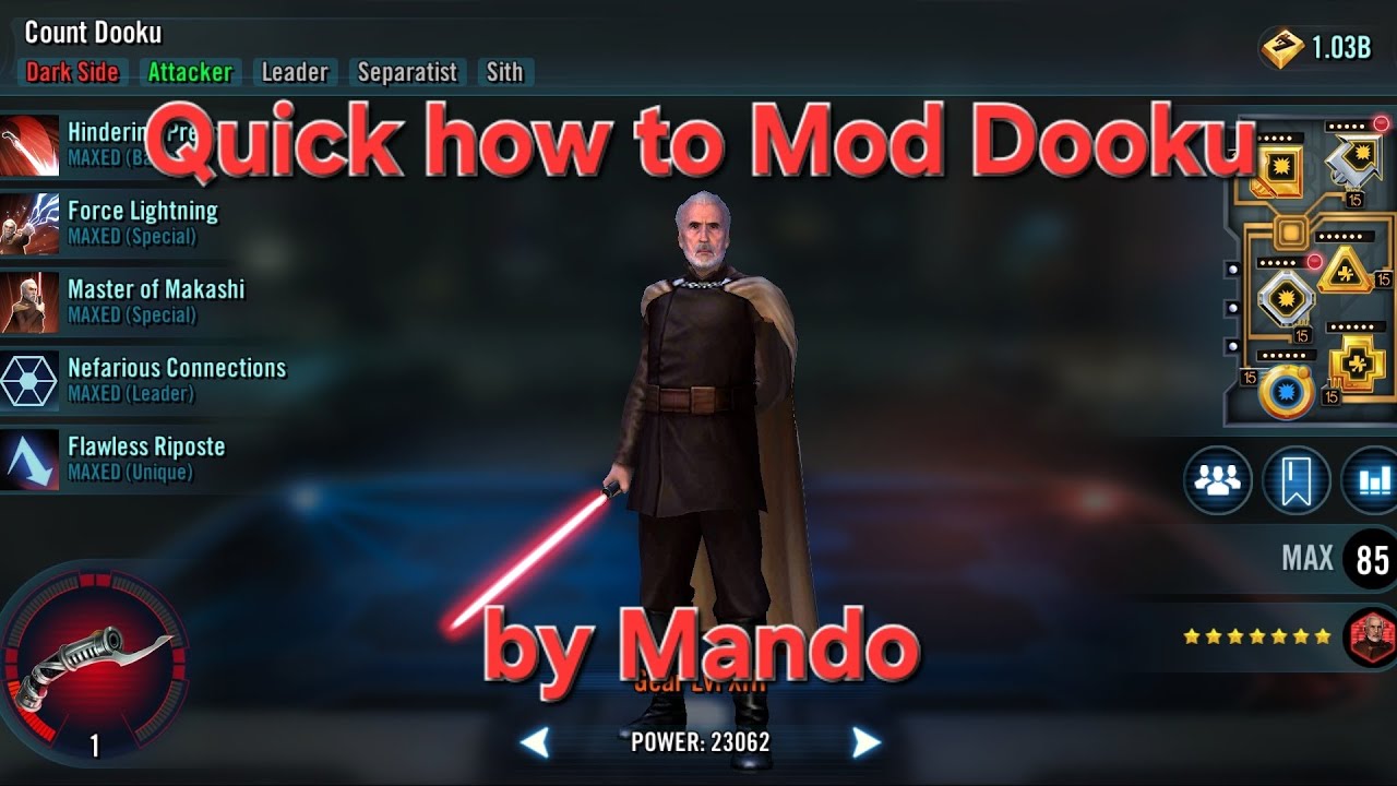 SWGOH Galaxy of Heroes Quick how to Mod Count Dooku for Separatists Nute and Trench teams by Mando