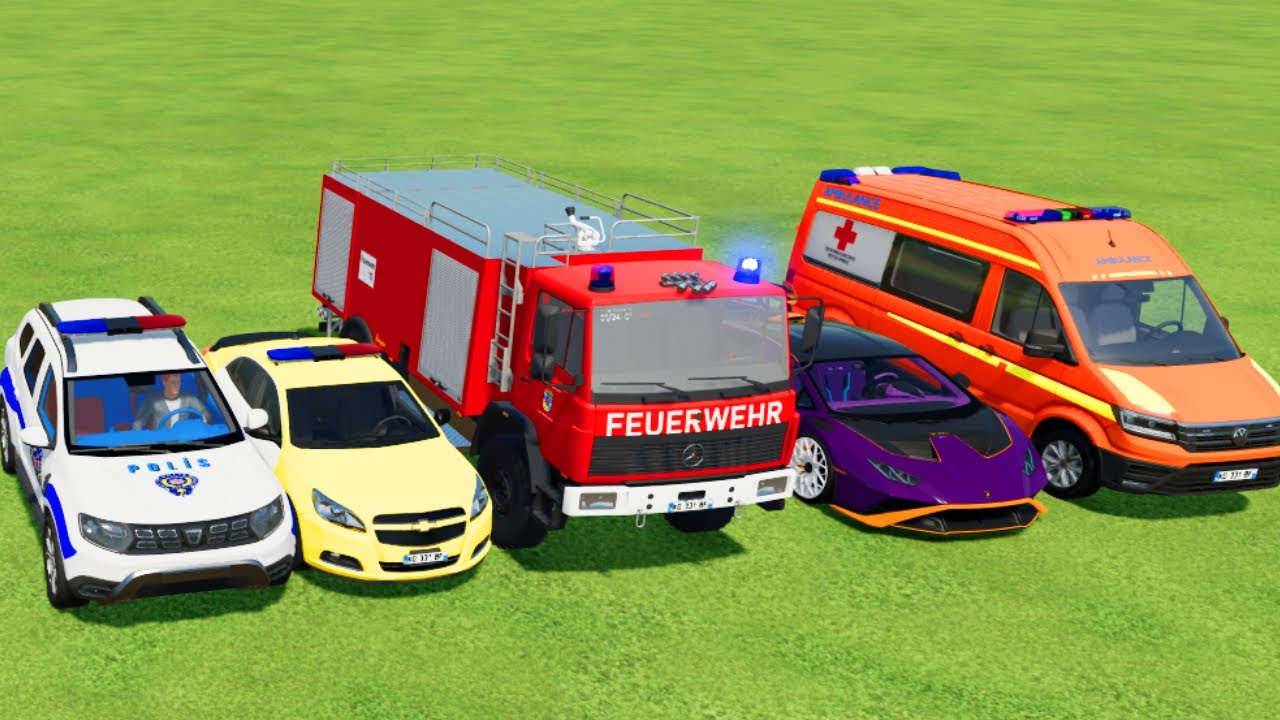 TRANSPORTING POLICE CARS, FIRE DEPARTMENT, AMBULANCE VEHICLES WITH TRUCKS ! Farming Simulator 22