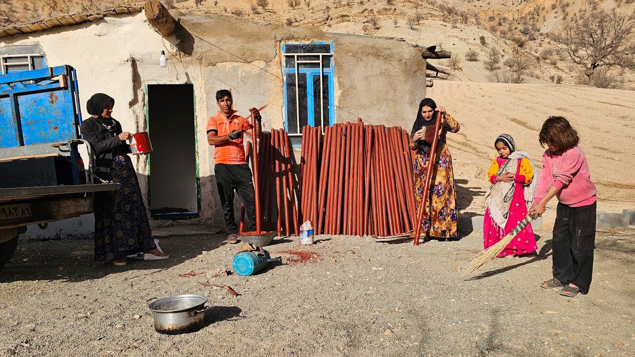 Nomadic Life in the Mountains | Painting Fence Pipes with Monir & Her Hardworking Family