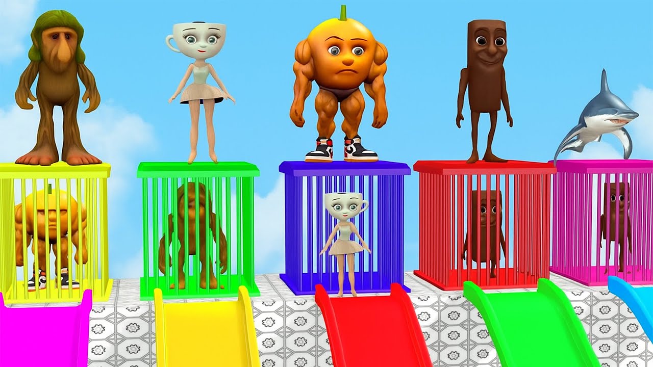 Long Slide Game With Elephant Gorilla Buffalo Hippopotamus Tiger - 3d Animal Game - Funny 3d Animals