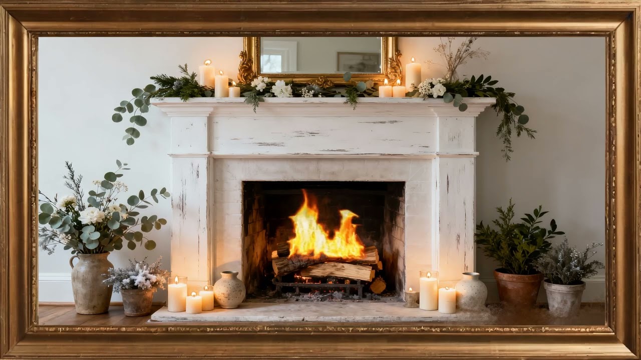 Minimal Fireplace Design & Candles. Gold framed Vintage art screensaver. 4k TV Painting background