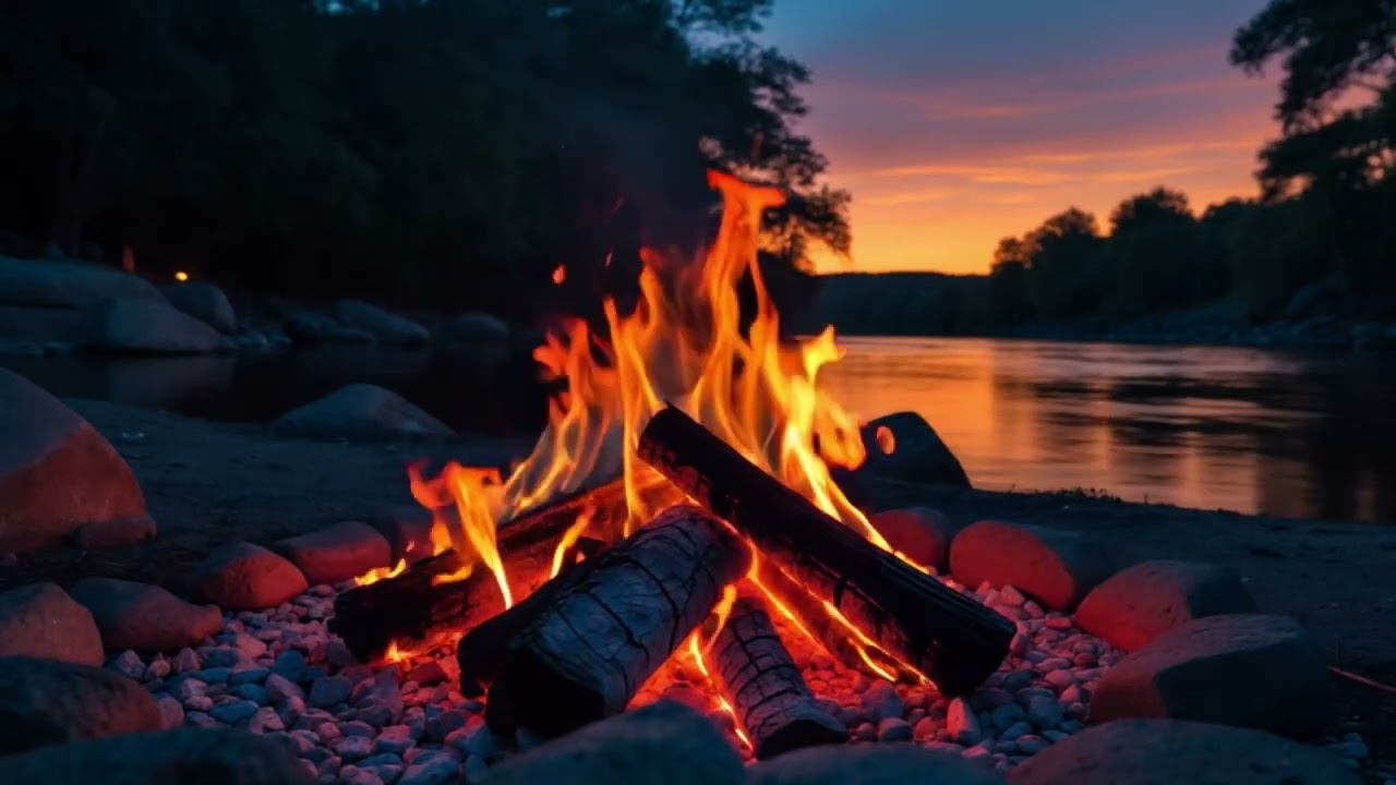 Relaxing Riverside Campfire 🔥 Cozy Evening Flames with Gentle Flowing River Ambience