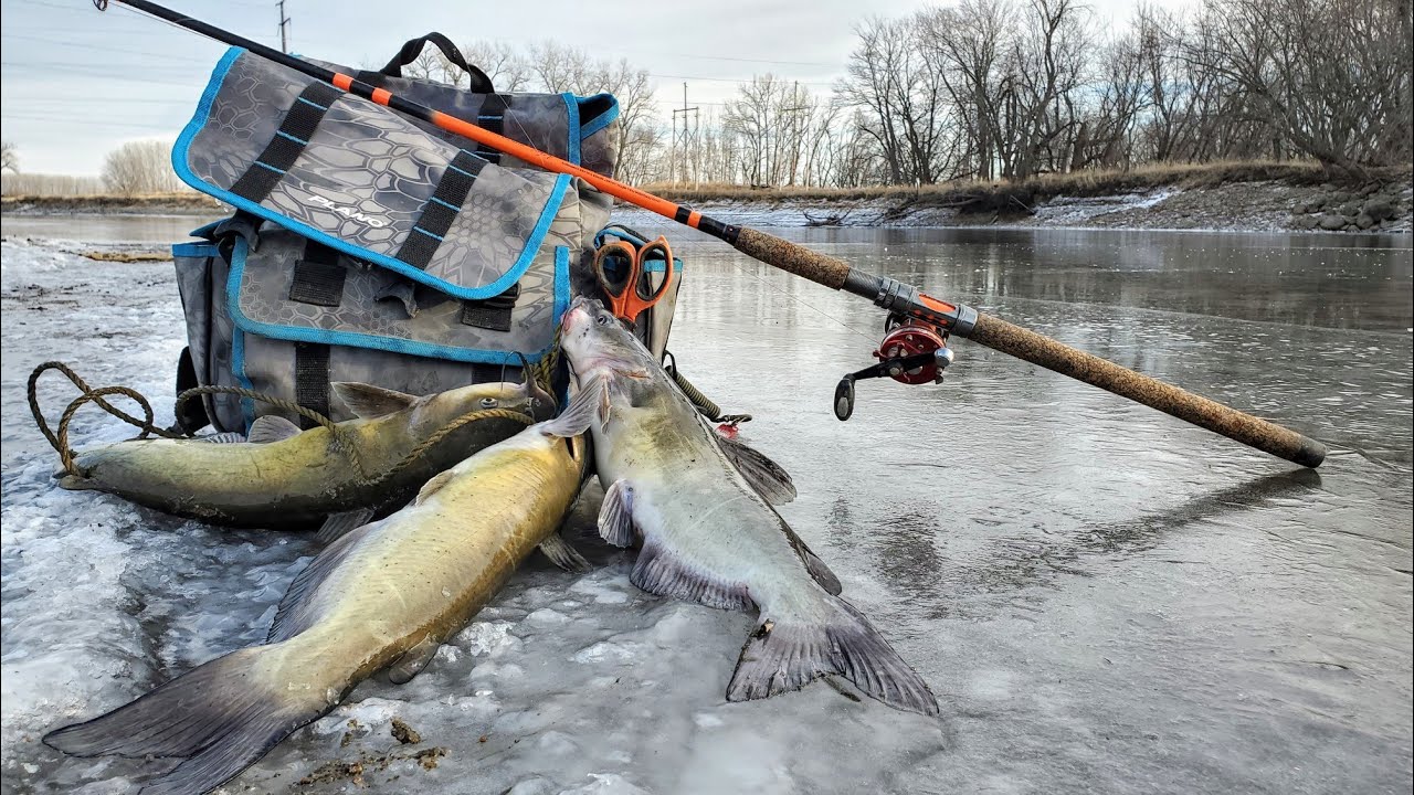 Catfishing a Half FROZEN RIVER!! (Fast Action)