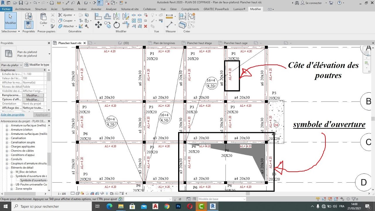 TUTO 11 coffrage revit/Côte  d'élévation des poutres,direction des poutrelles et symbole d'ouverture