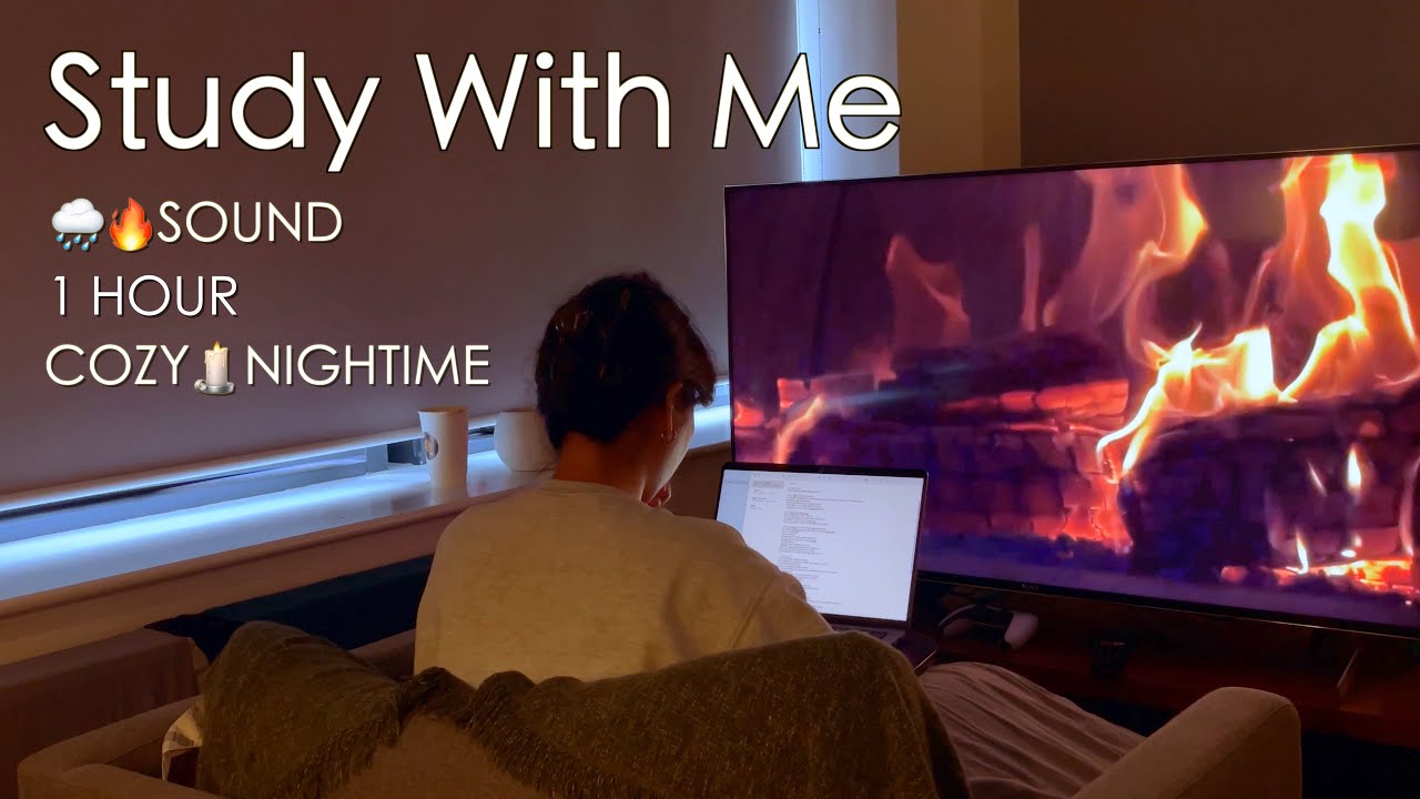 STUDY WITH ME 1 HOUR on a cozy evening with 🌧&🔥sounds, fireplace on the TV, working on laptop