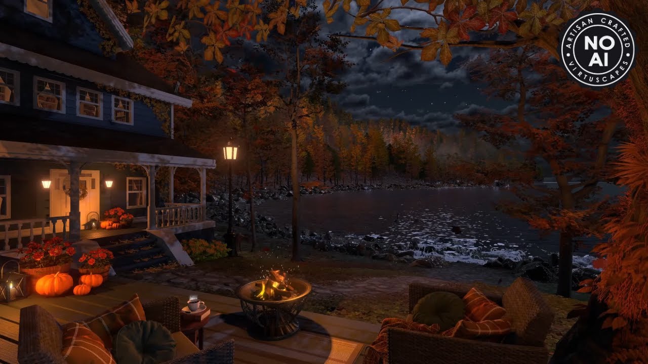 Autumn Lakeside Cottage | Night Ambience | Windchimes, Lakeshore, Firepit & Forest Nature Sounds