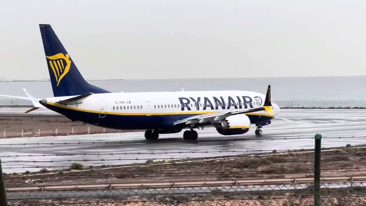 Lanzarote airport runway take off landings in rain
