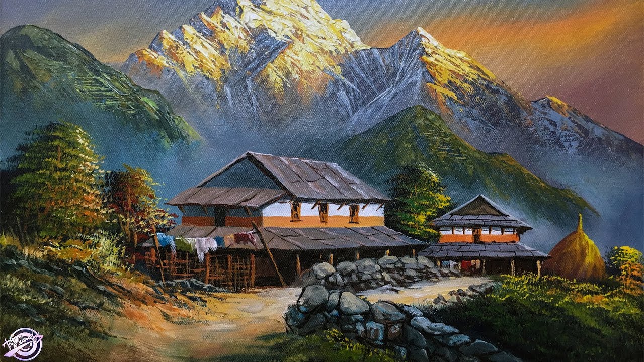 Nepali Village Landscape Painting | Beautiful Painting | Nature Painting | Scenery Painting | Art