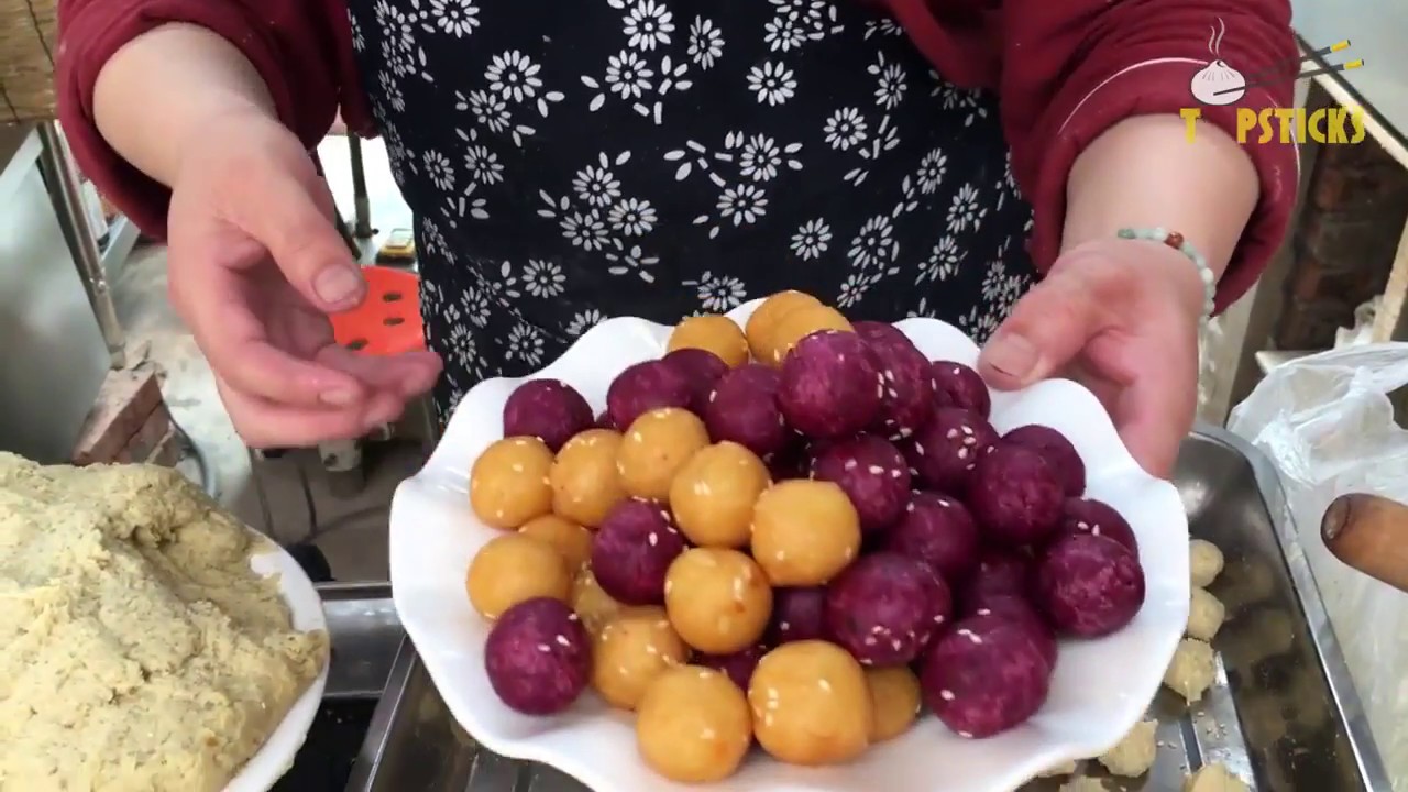 Colorful snack Fried purple sweet potato and potato balls