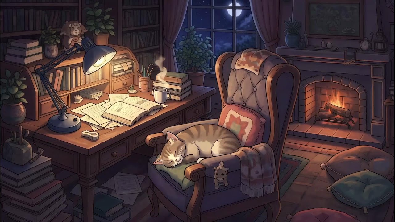 Peaceful Rainy Night by the Fireplace 4K ☔🔥 Soft Lofi for Reading, Focus and Deep Sleep