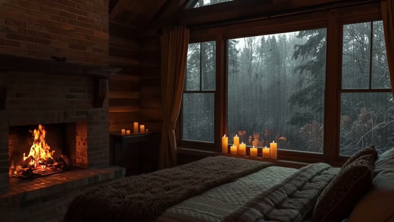 Rainy Night in a Cozy Wooden House 🌧️🔥 | Rain on Window & Fireplace Sounds | Cozy Nook Corner
