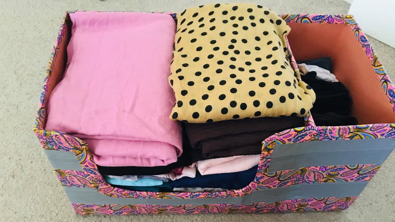Scarf/stole/shawl and headwrap storage diy/free costco box storage idea