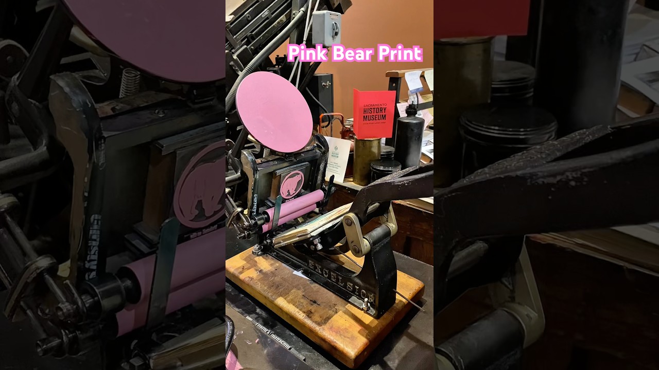 Letterpress printing a pink bear with a tabletop printing press