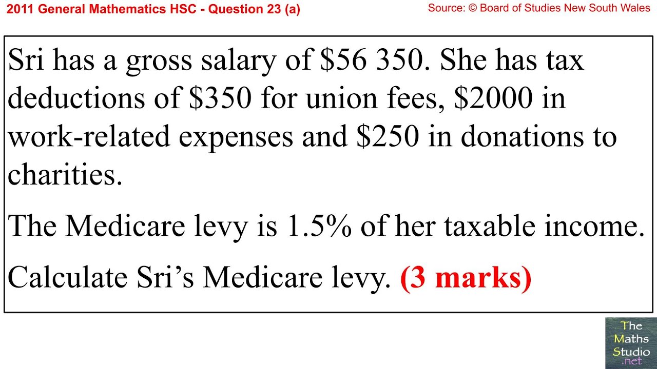 2011 General Maths HSC Q23a Calculate 1.5% Medicare levy given gross income & allowable deductions
