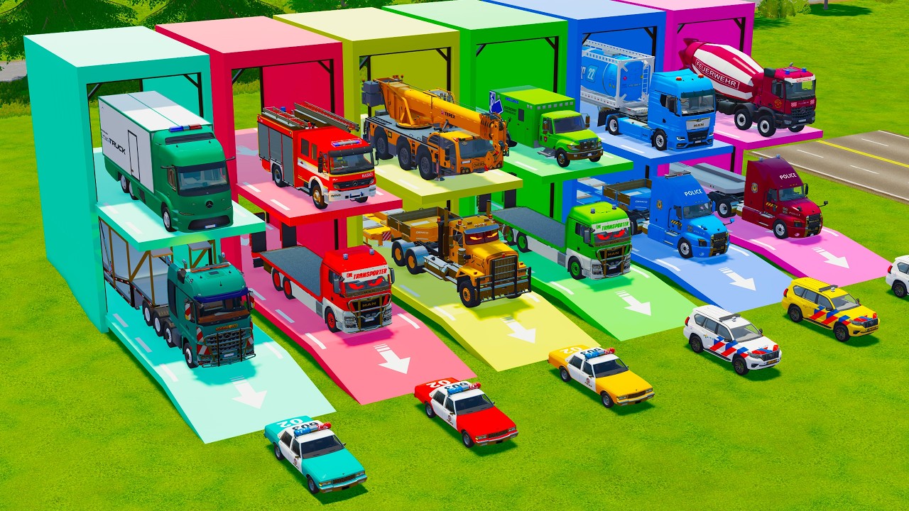 TRANSPORTING RESCUE VEHICLES, POLICE CARS, FIRE ENGINE, MIXER TRUCK TO GARAGE - FS22