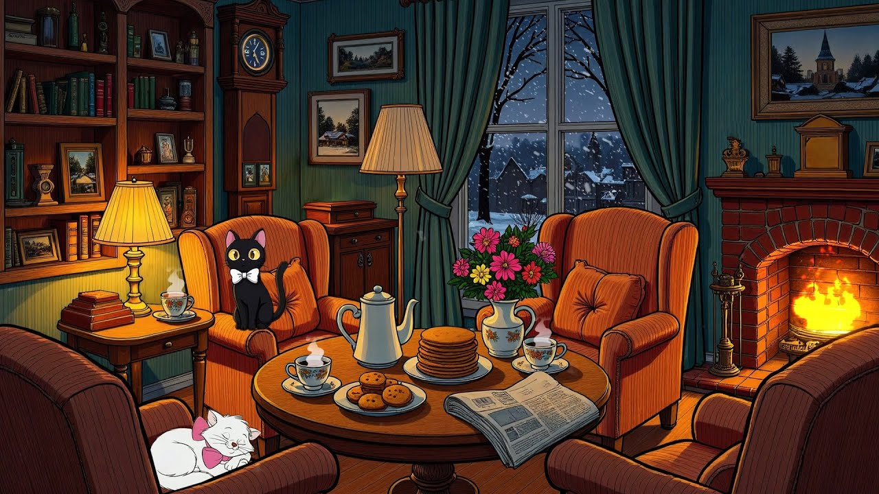 Cozy Snowy Night in a 1920s Cottage With Oldies Playing in Another Room for Unwind