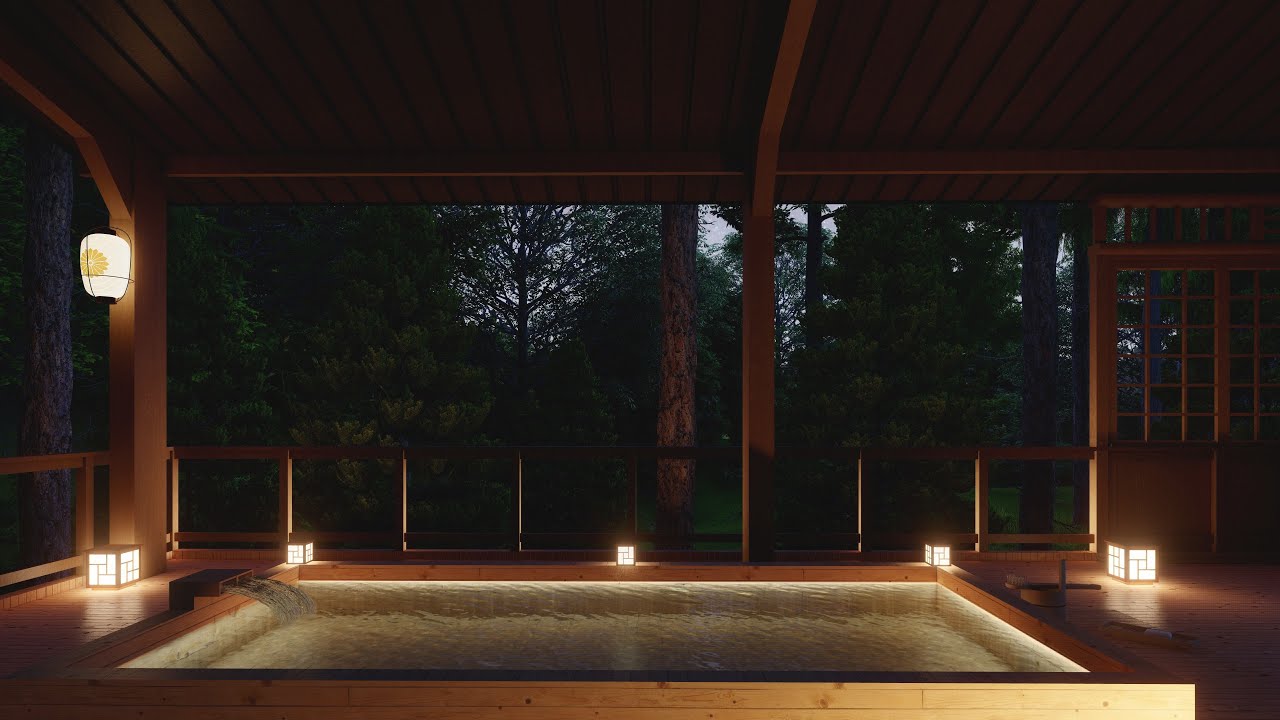 Night Bath ASMR |  Onsen Ambience | Hot Spring Water Sounds