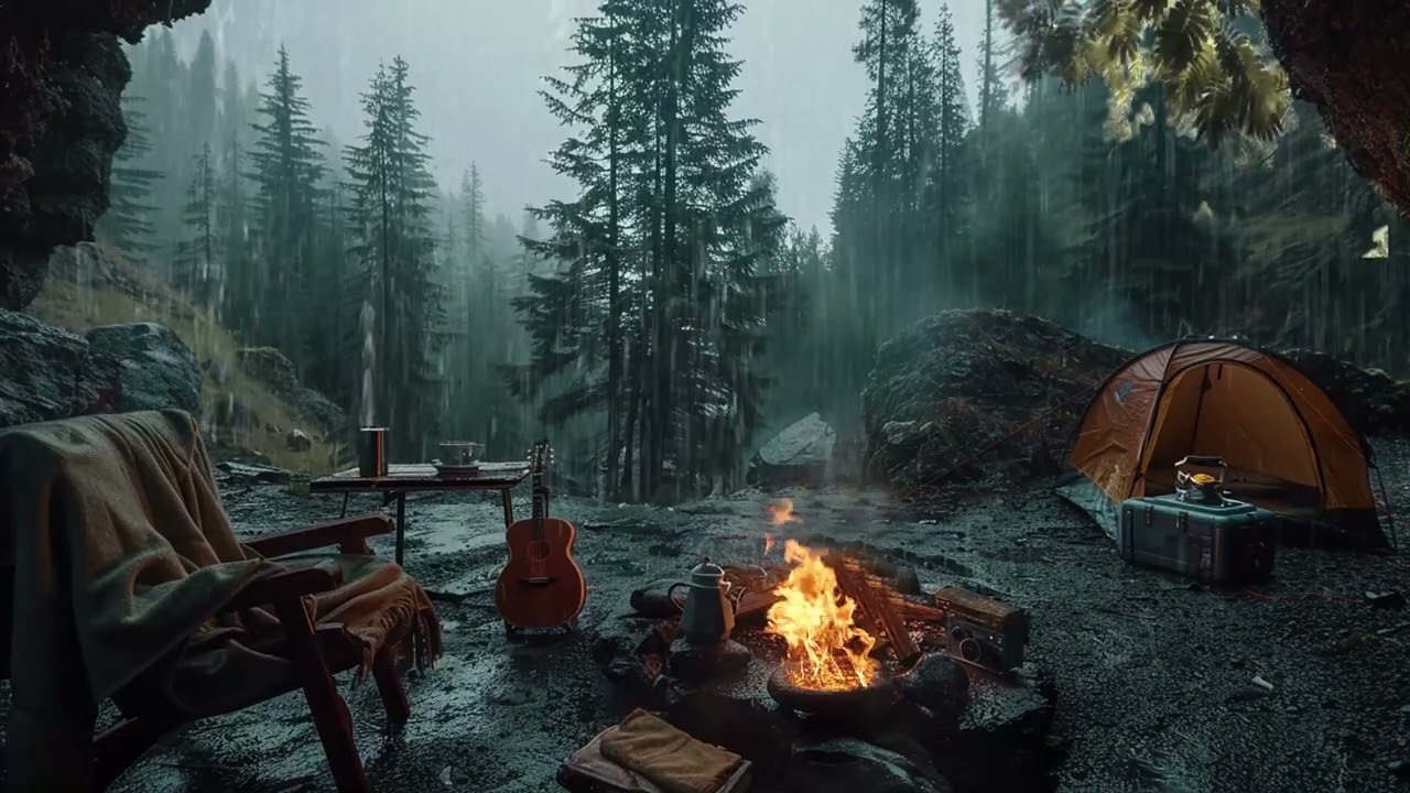 Einschlafhilfe Regen Deutsch – ASMR Höhle und Feuer für ruhige Nächte