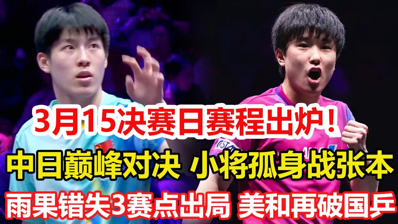 WTT重慶冠軍賽：3月15日賽程公布！中日女單爭冠，國乒男單戰張本智和。男單4強出爐！國乒1人日本2人，雨果錯失3賽點出局，女單4強誕生！張本美和突破國乒，中日各2人晉級。