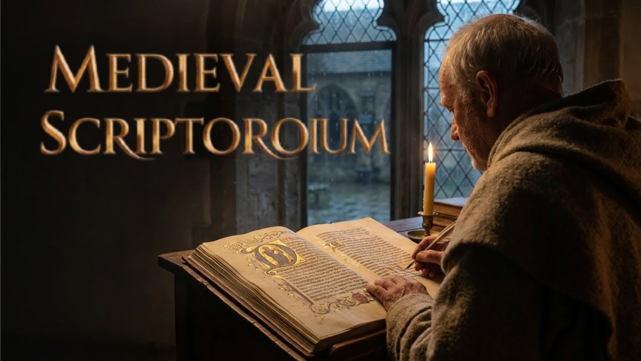 Inside a Medieval Scriptorium at Midnight Rain & Candlelight   History for Sleep