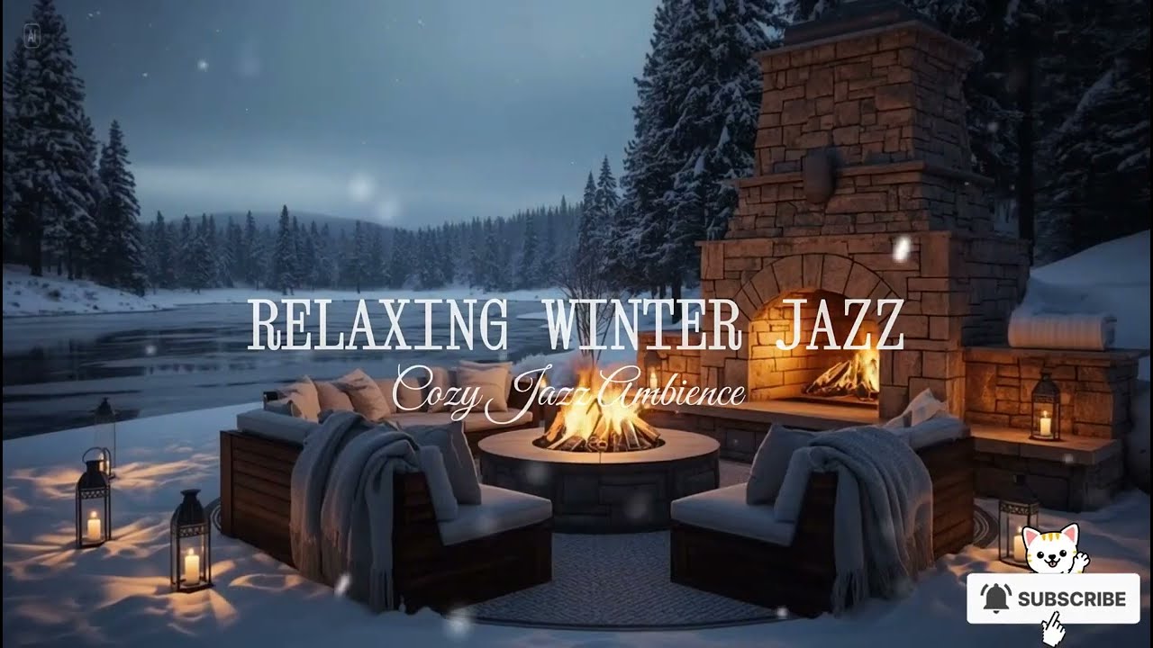 Winter Porch Ambience with Warm Jazz Instrumental Music ⛄ Smooth Jazz Music & Crackling Fireplace