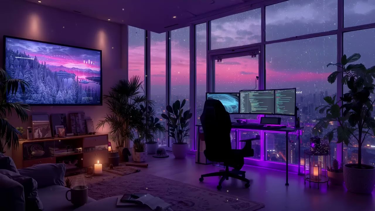 Late Night Home Office ☕ | Neon City Rain Ambience ☔️ Chill Beats for Study & Focus