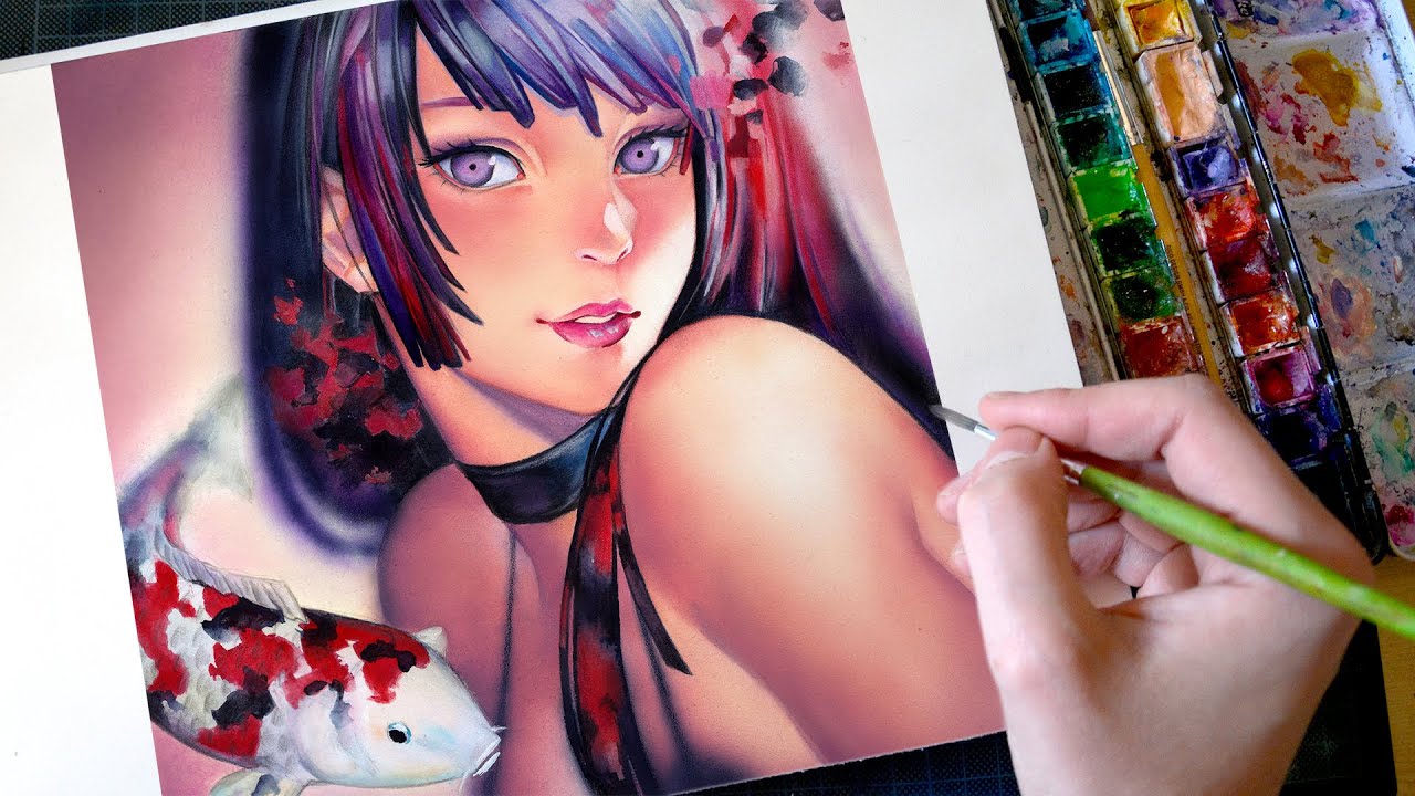 【WATERCOLOR / AIRBRUSH SPEEDPAINT】 Mermaid and Koi