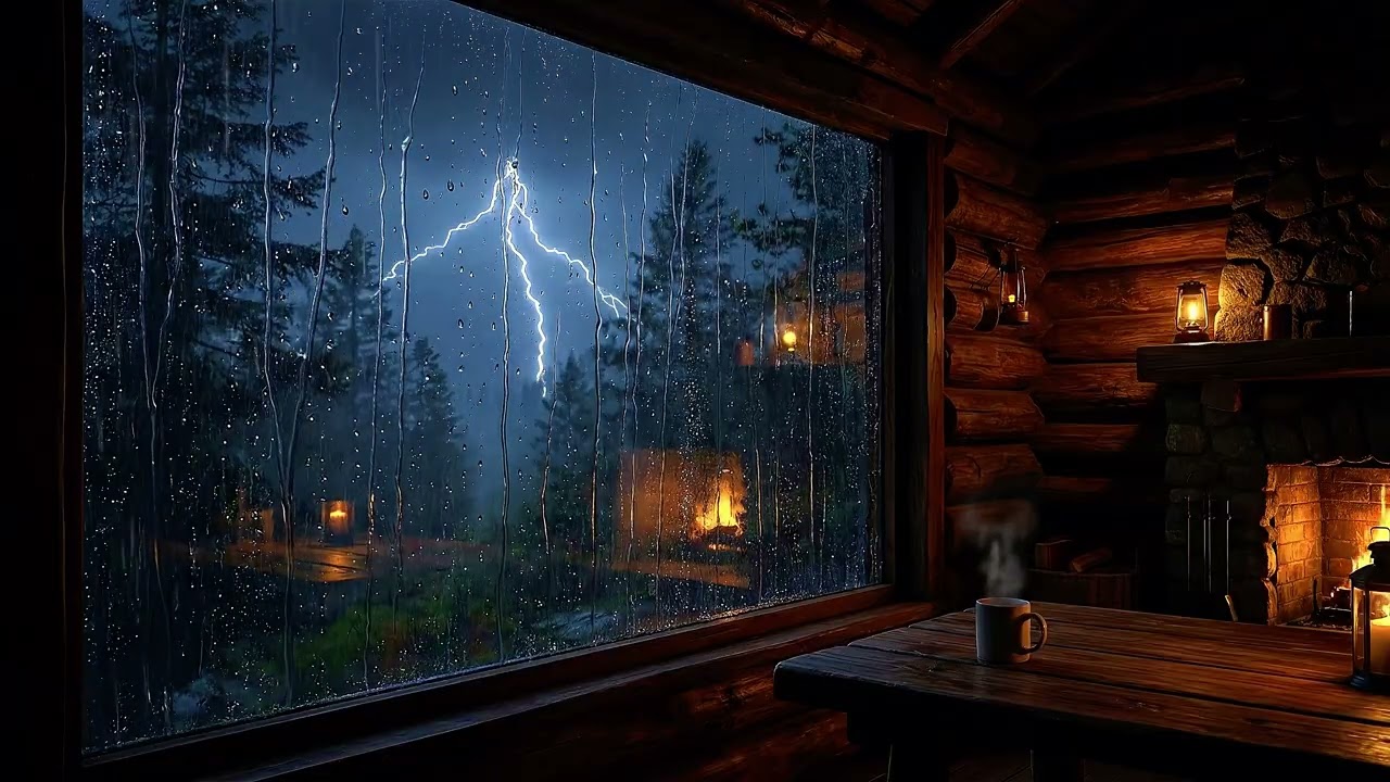 🔥 Cabin Fireplace Relaxing with Heavy Rain and Storm 🌧️