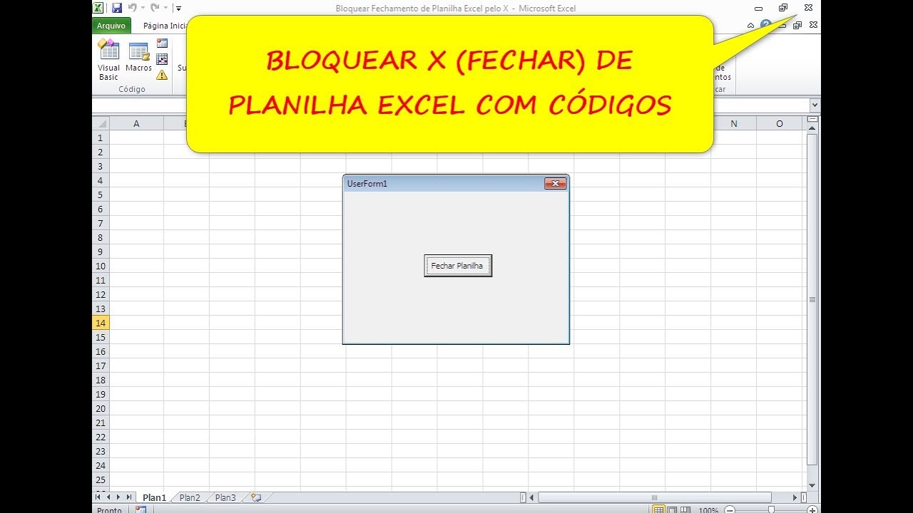 DESABILITAR X (Fechar) de Planilha Excel com VBA