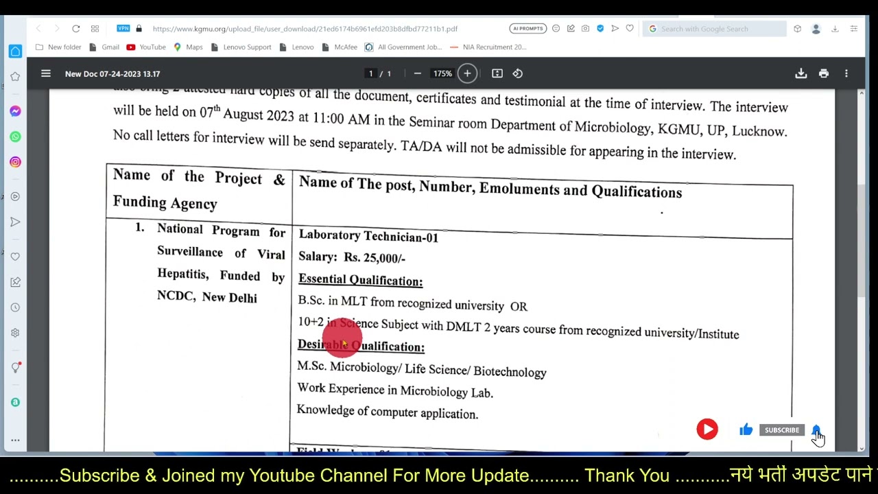 📢 Lab Technician Vacancy At KGMU 🔥 Central Recruitment 👇 DMLT Candidate Can Apply
