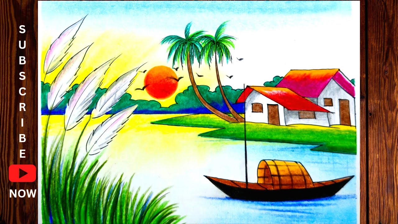 Riverside autumn sunset village scene drawing/শরৎকালের দৃশ্য ড্রয়িং/Autumn scenery drawing