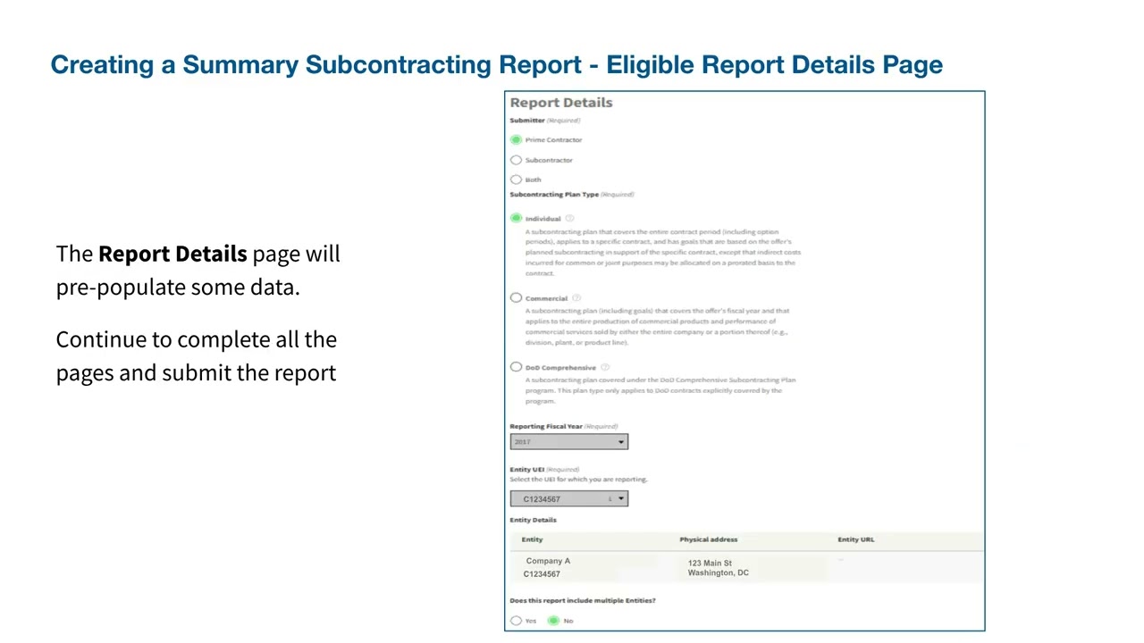 Subcontracting Plan Reporting on SAM.gov - Data Entry Summary (SSR)