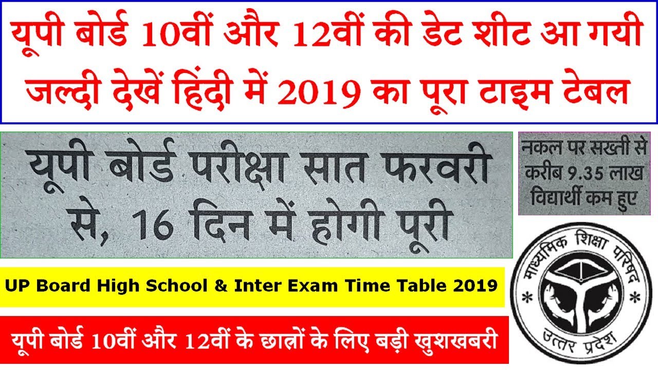 UP Board 10th 12th Class Date Sheet 2019 - High School & Intermediate Exam Time Table Pdf Download