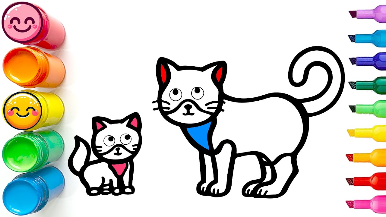Drawing and Coloring a Mother Cat and Kitten | Easy Step by Step Drawing Tutorial