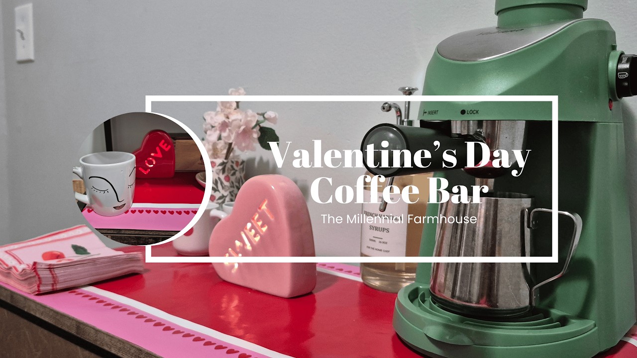 Simple Valentine's Day Coffee Bar Decor for seasonal decorating at home.  #valentinesday #coffeebar