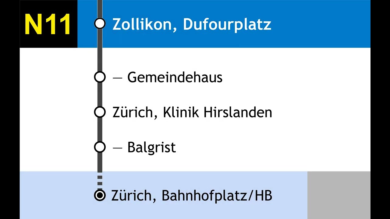 VBZ Ansagen • N11 • Zürich, Bahnhofplatz/HB – Zollikon, Bahnhof via Bahnhof Stadelhofen – Balgrist